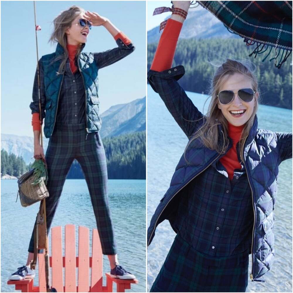 J. Crew Navy Green Tartan Excursion Quilted Down Vest